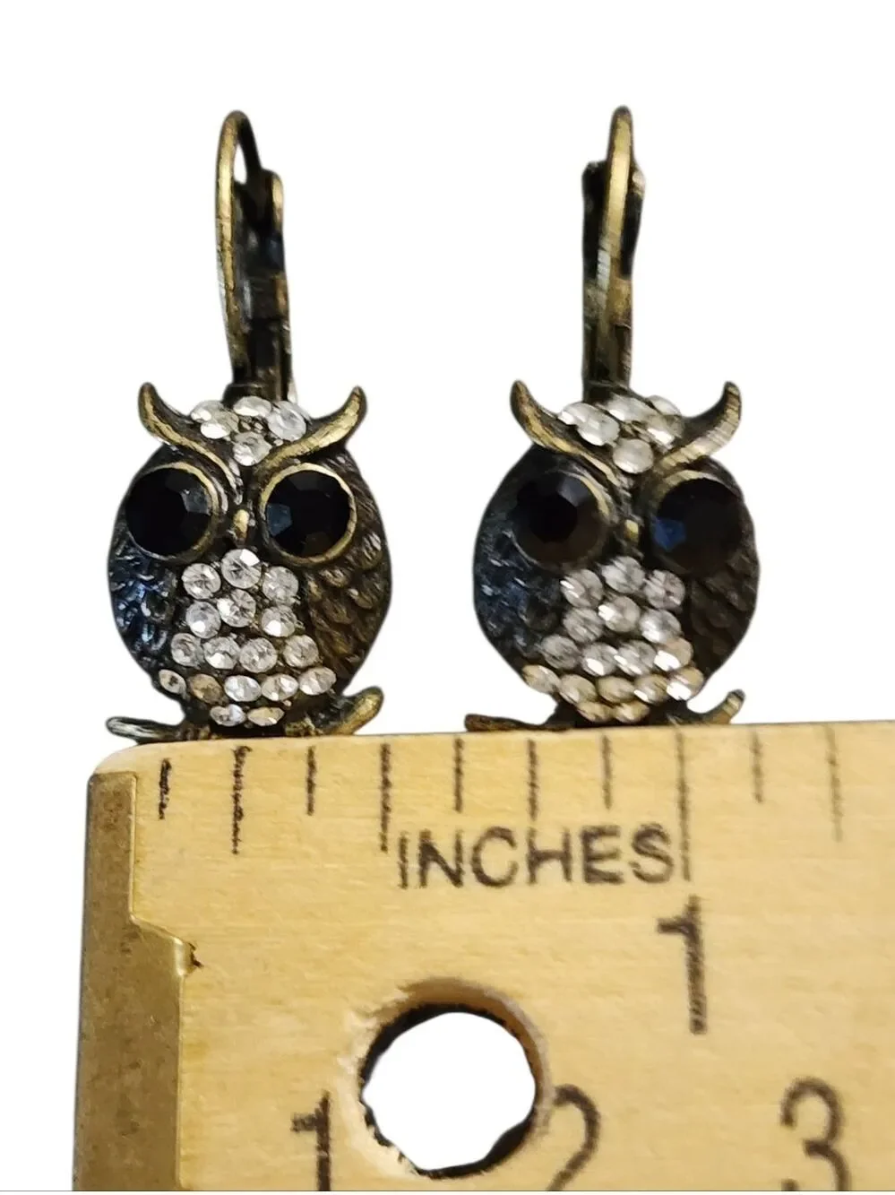 Bronze Tone Black and Clear Crystal Owl Drop Earrings